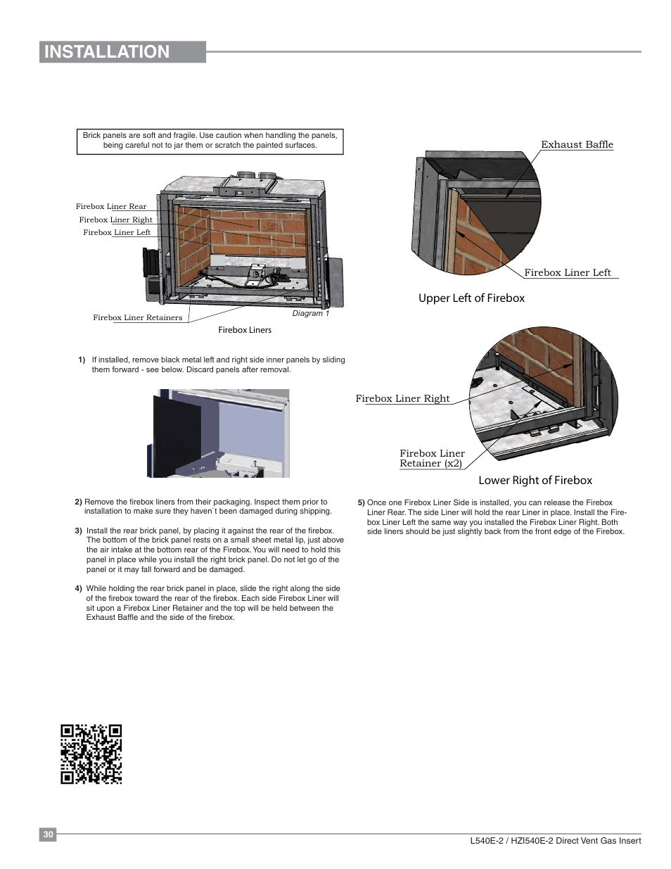 Installation, Brick panel installation, Upper left of firebox | Lower right of firebox | Regency Liberty L540EB Large Gas Insert User Manual | Page 30 / 56