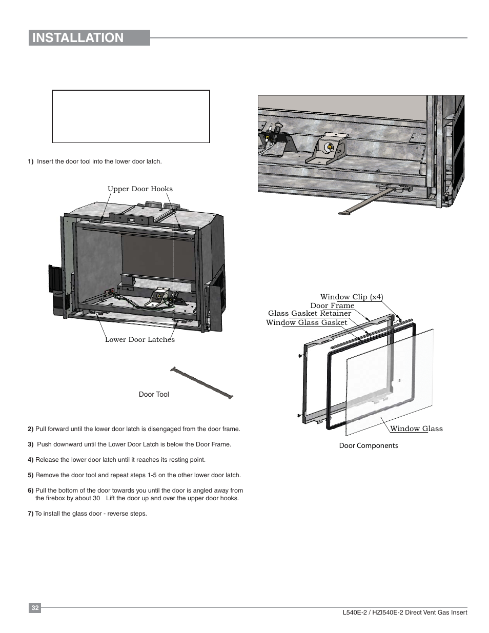 Installation, Glass door removal / installation | Regency Liberty L540EB Large Gas Insert User Manual | Page 32 / 56