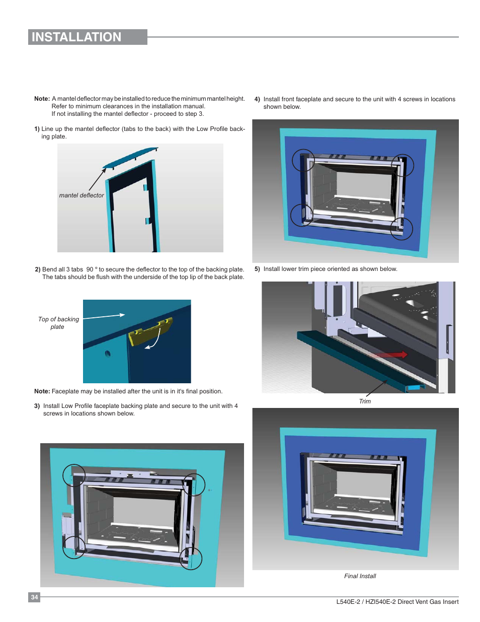 Installation, 4 sided low profile faceplate installation | Regency Liberty L540EB Large Gas Insert User Manual | Page 34 / 56