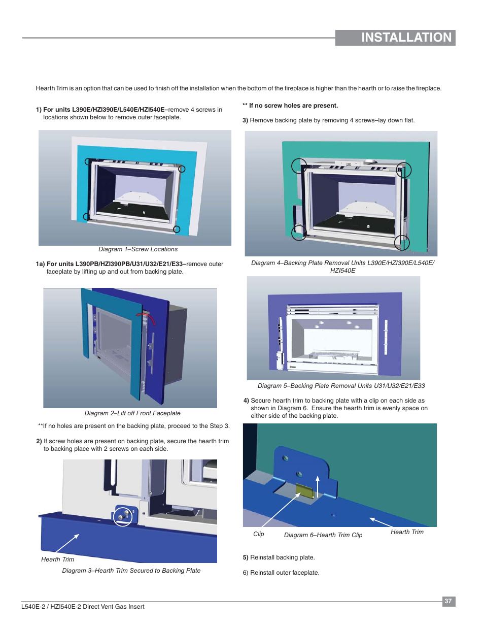 Installation, Optional hearth trim installation | Regency Liberty L540EB Large Gas Insert User Manual | Page 37 / 56