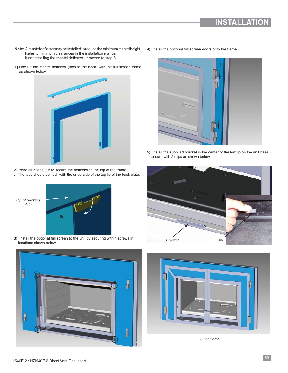 Installation, Optional full screen door installation | Regency Liberty L540EB Large Gas Insert User Manual | Page 39 / 56