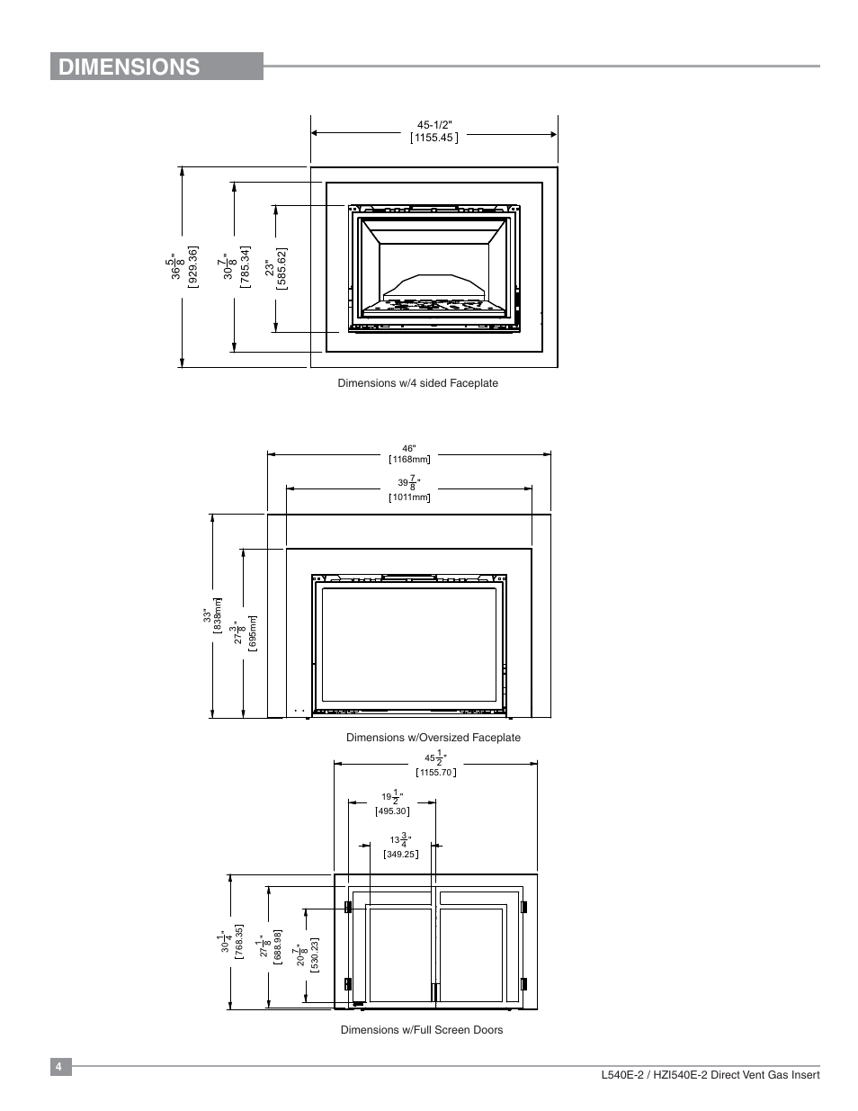 Dimensions | Regency Liberty L540EB Large Gas Insert User Manual | Page 4 / 56