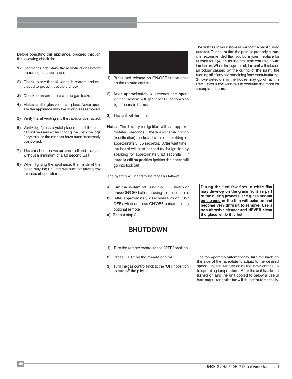 Operating instructions, Automatic convection fan operation, First fire | Shutdown procedure, Lighting procedure | Regency Liberty L540EB Large Gas Insert User Manual | Page 40 / 56