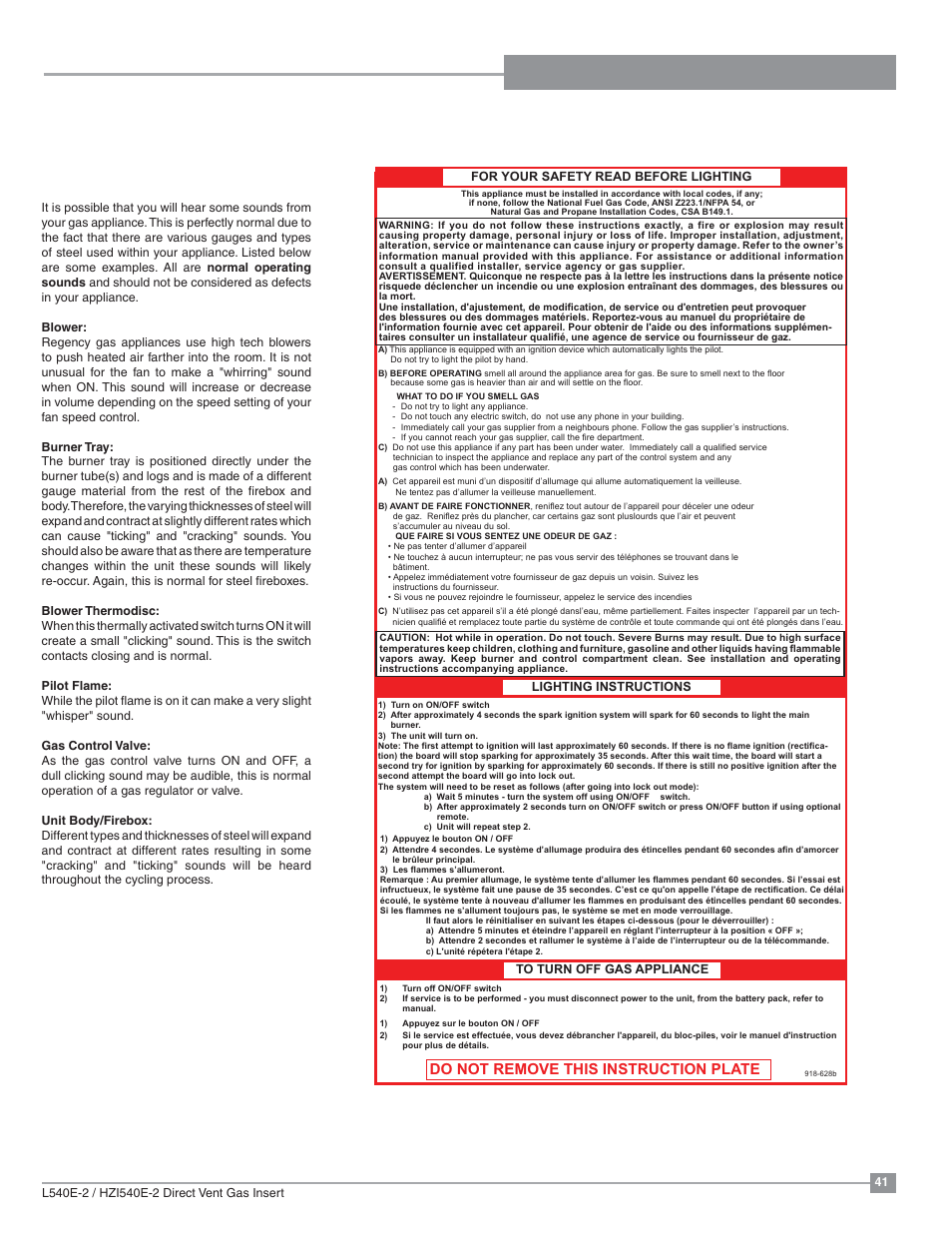 Operating instructions, Do not remove this instruction plate | Regency Liberty L540EB Large Gas Insert User Manual | Page 41 / 56
