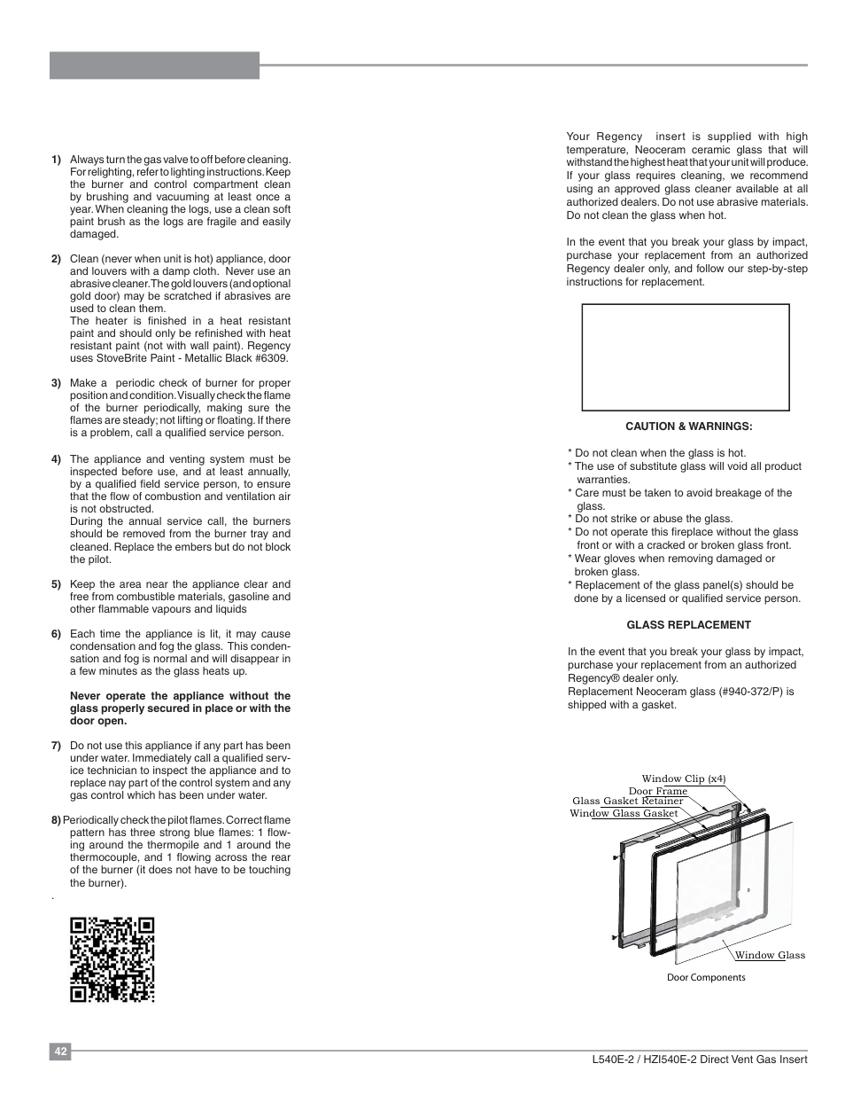 Maintenance, Maintenance instructions, Door glass | Regency Liberty L540EB Large Gas Insert User Manual | Page 42 / 56