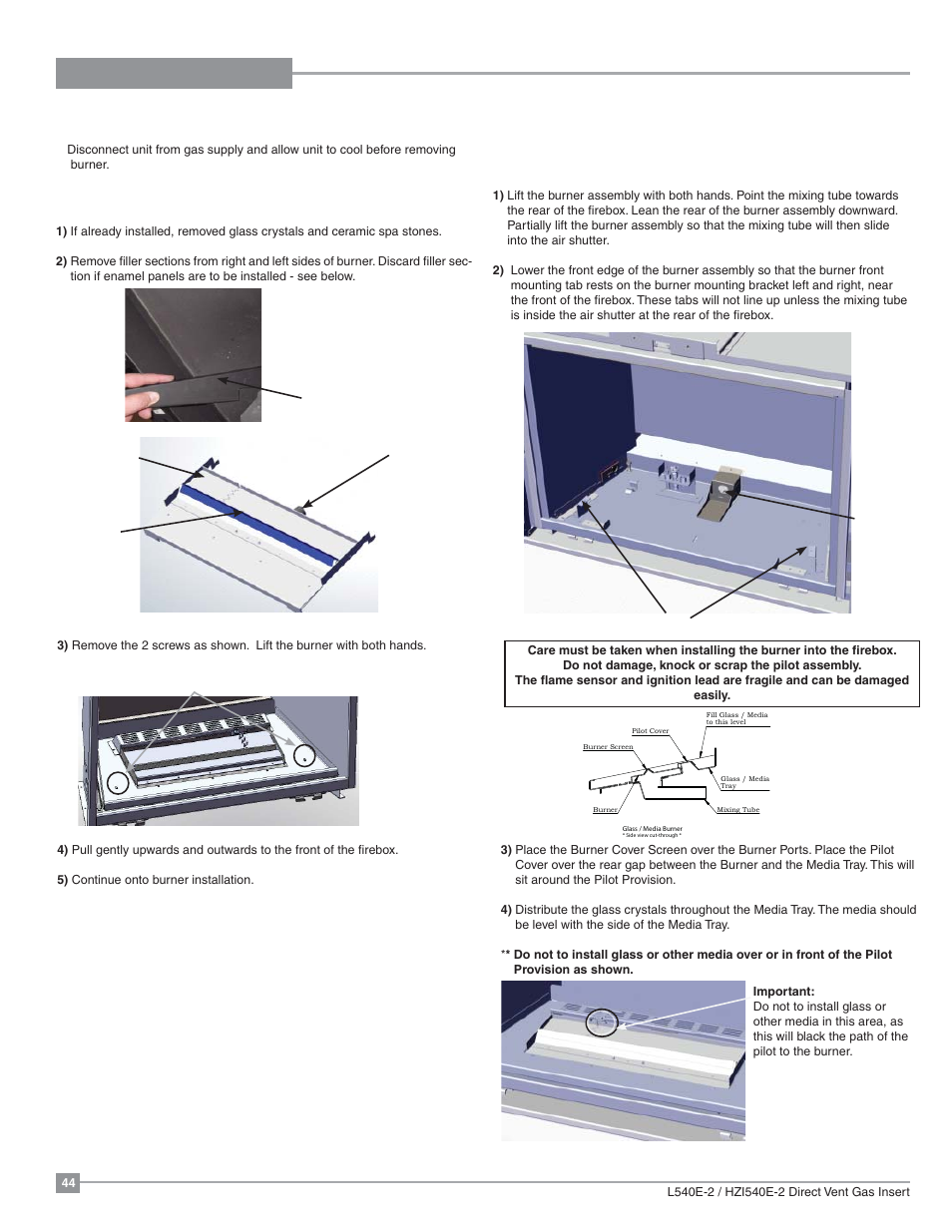 Maintenance, Glass burner removal glass burner install | Regency Liberty L540EB Large Gas Insert User Manual | Page 44 / 56