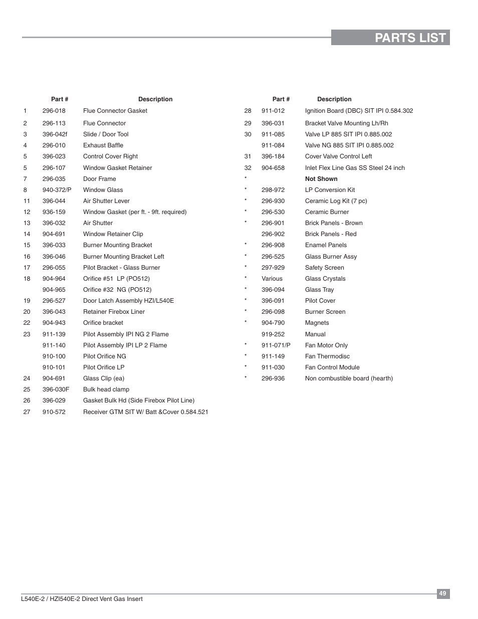 Parts list, Main assembly | Regency Liberty L540EB Large Gas Insert User Manual | Page 49 / 56