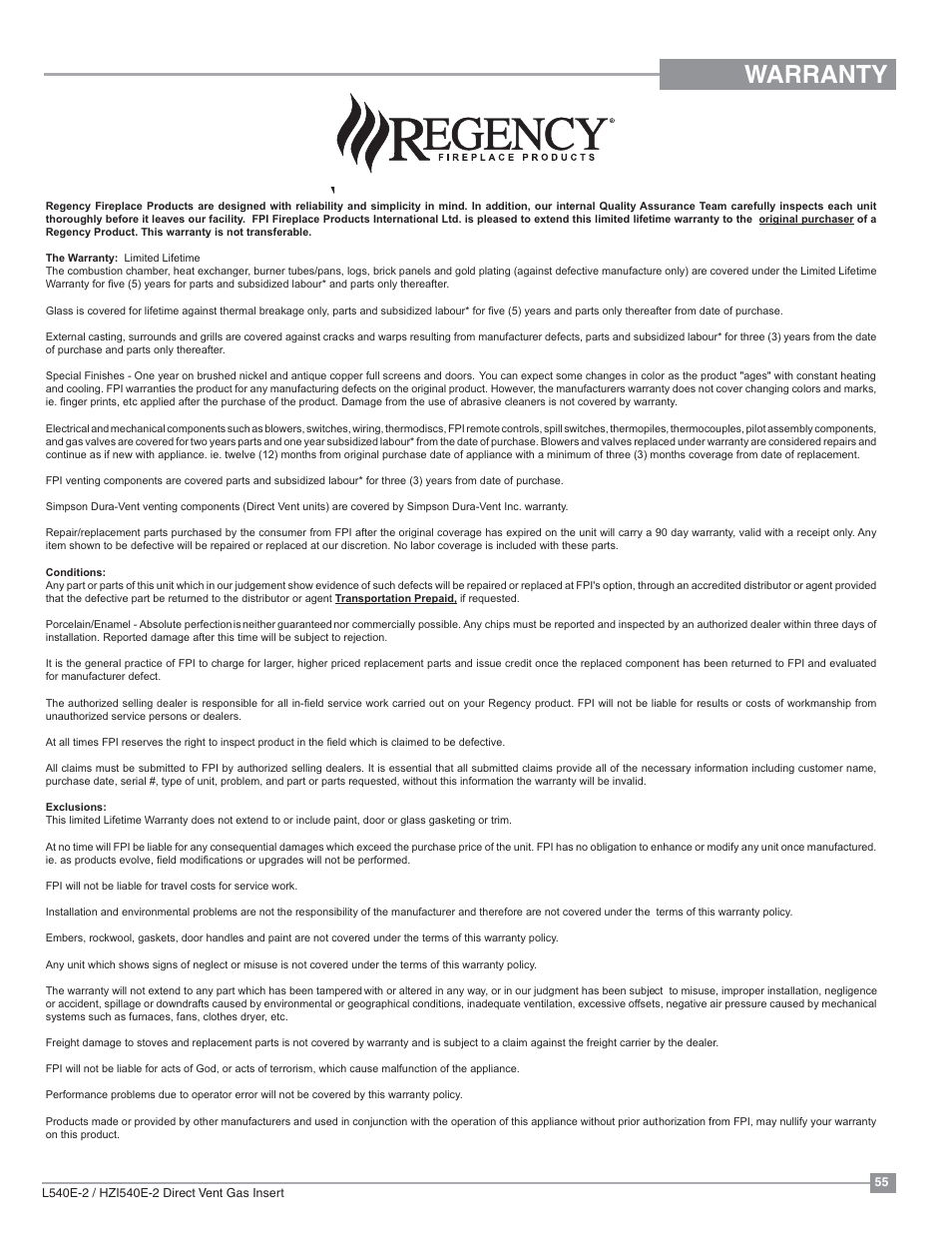 Warranty | Regency Liberty L540EB Large Gas Insert User Manual | Page 55 / 56