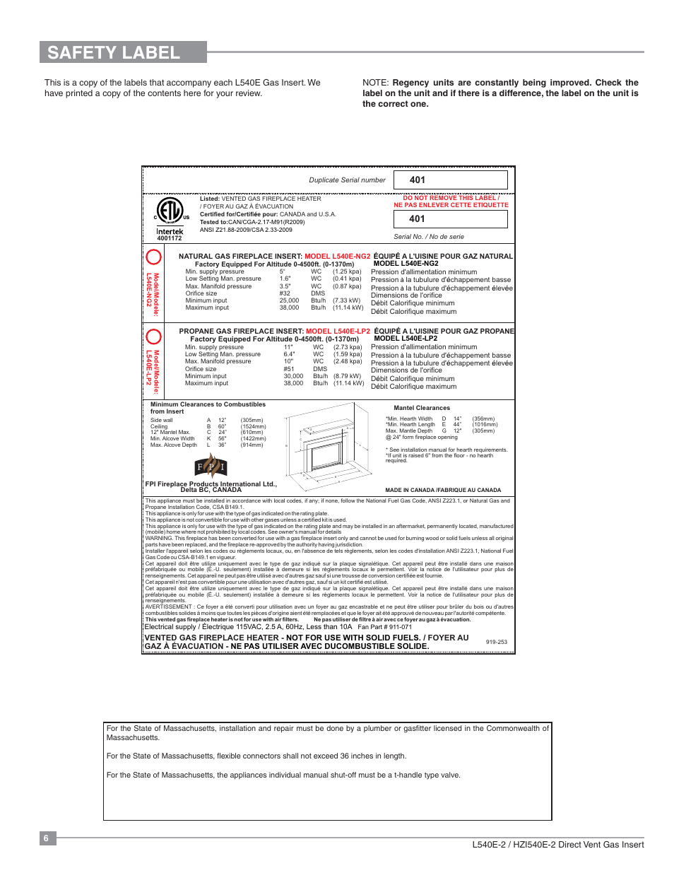 Safety label | Regency Liberty L540EB Large Gas Insert User Manual | Page 6 / 56