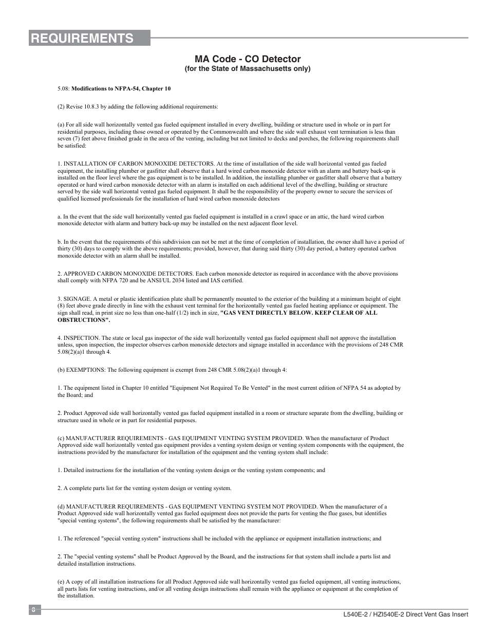 Requirements, Ma code - co detector | Regency Liberty L540EB Large Gas Insert User Manual | Page 8 / 56
