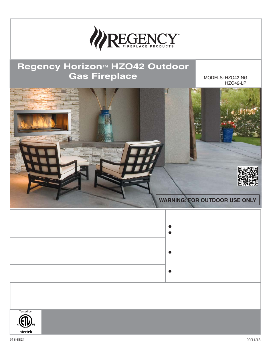 Regency Horizon HZO42 Outdoor Gas Fireplace User Manual | 44 pages