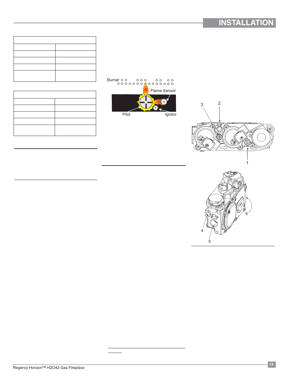 Installation, Gas pipe pressure testing, Aeration adjustment | High elevation, Gas line installation, Pilot adjustment, 880 s.i.t. valve description | Regency Horizon HZO42 Outdoor Gas Fireplace User Manual | Page 13 / 44