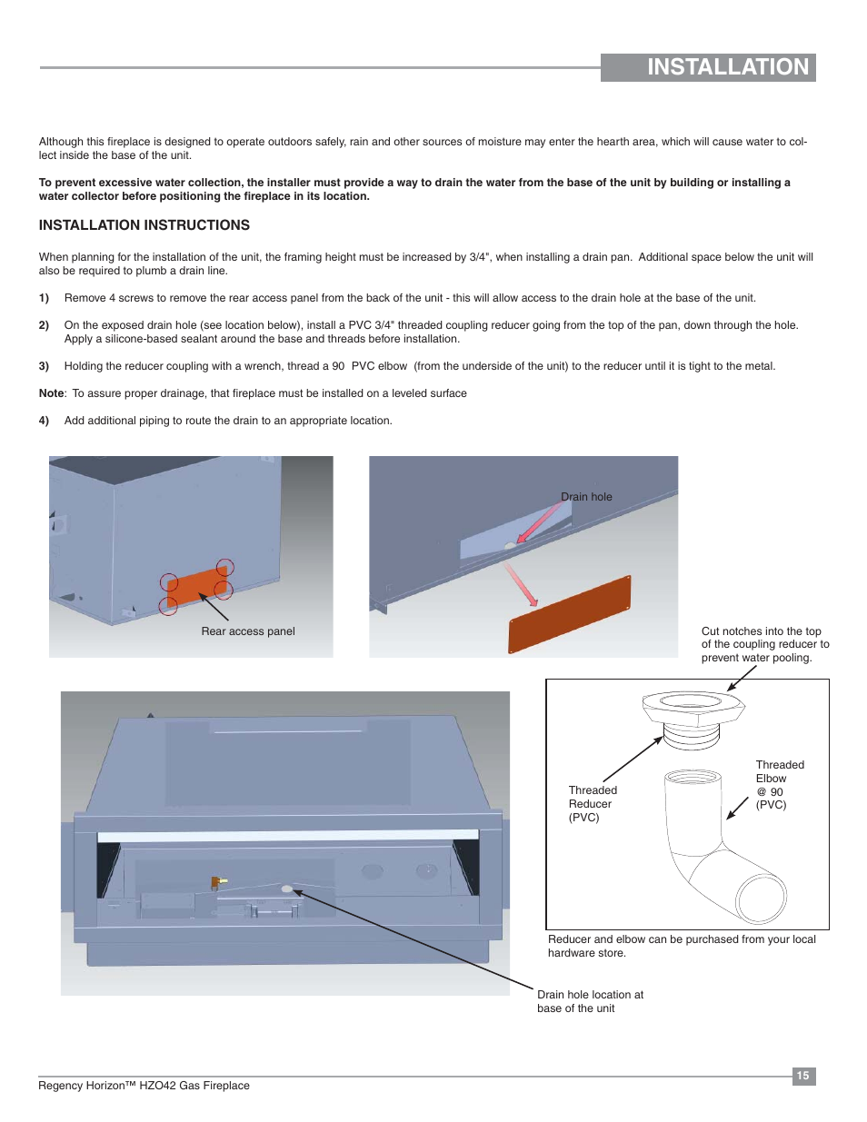 Installation, Drain installation (recommended) | Regency Horizon HZO42 Outdoor Gas Fireplace User Manual | Page 15 / 44