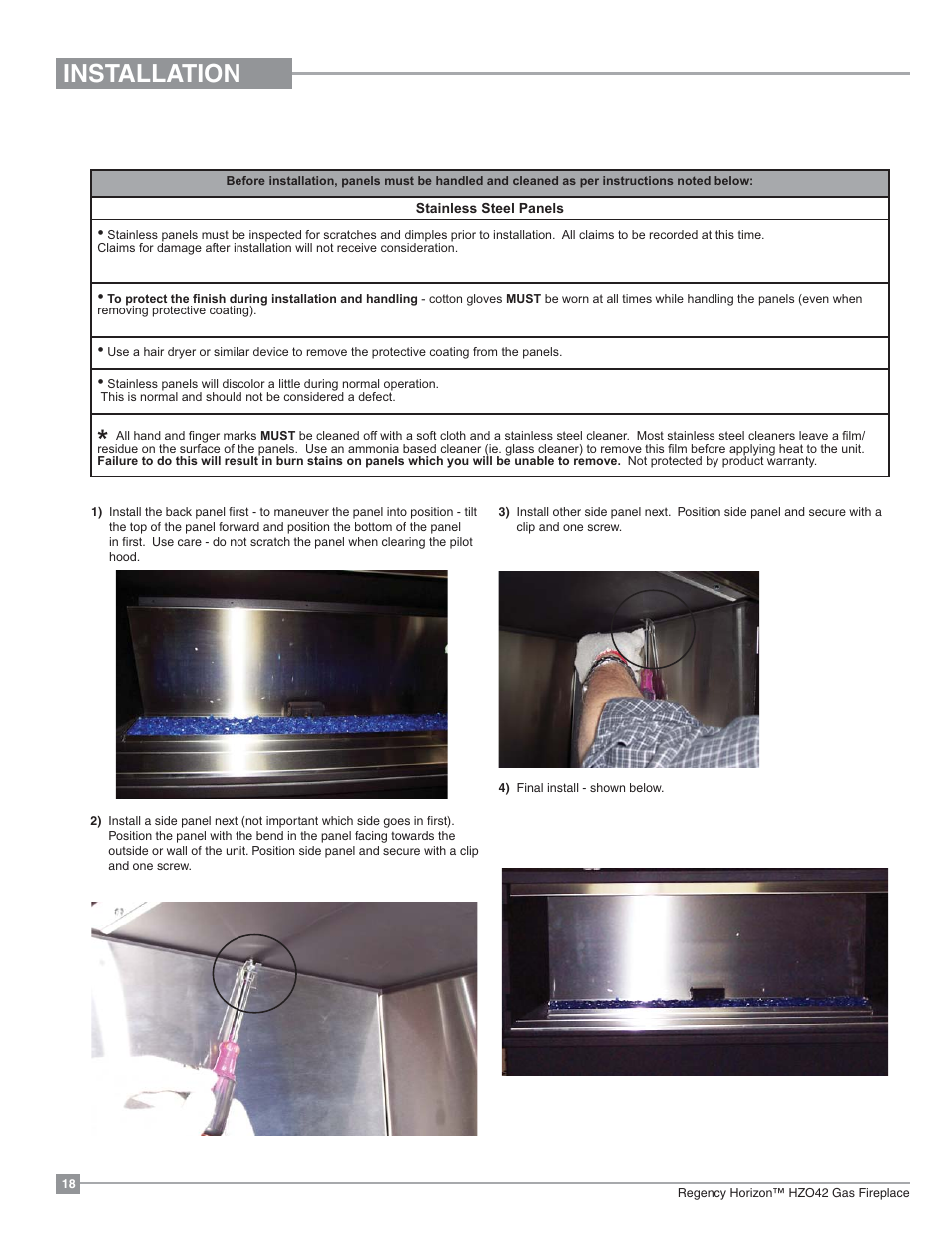 Installation, Inner panel installation | Regency Horizon HZO42 Outdoor Gas Fireplace User Manual | Page 18 / 44