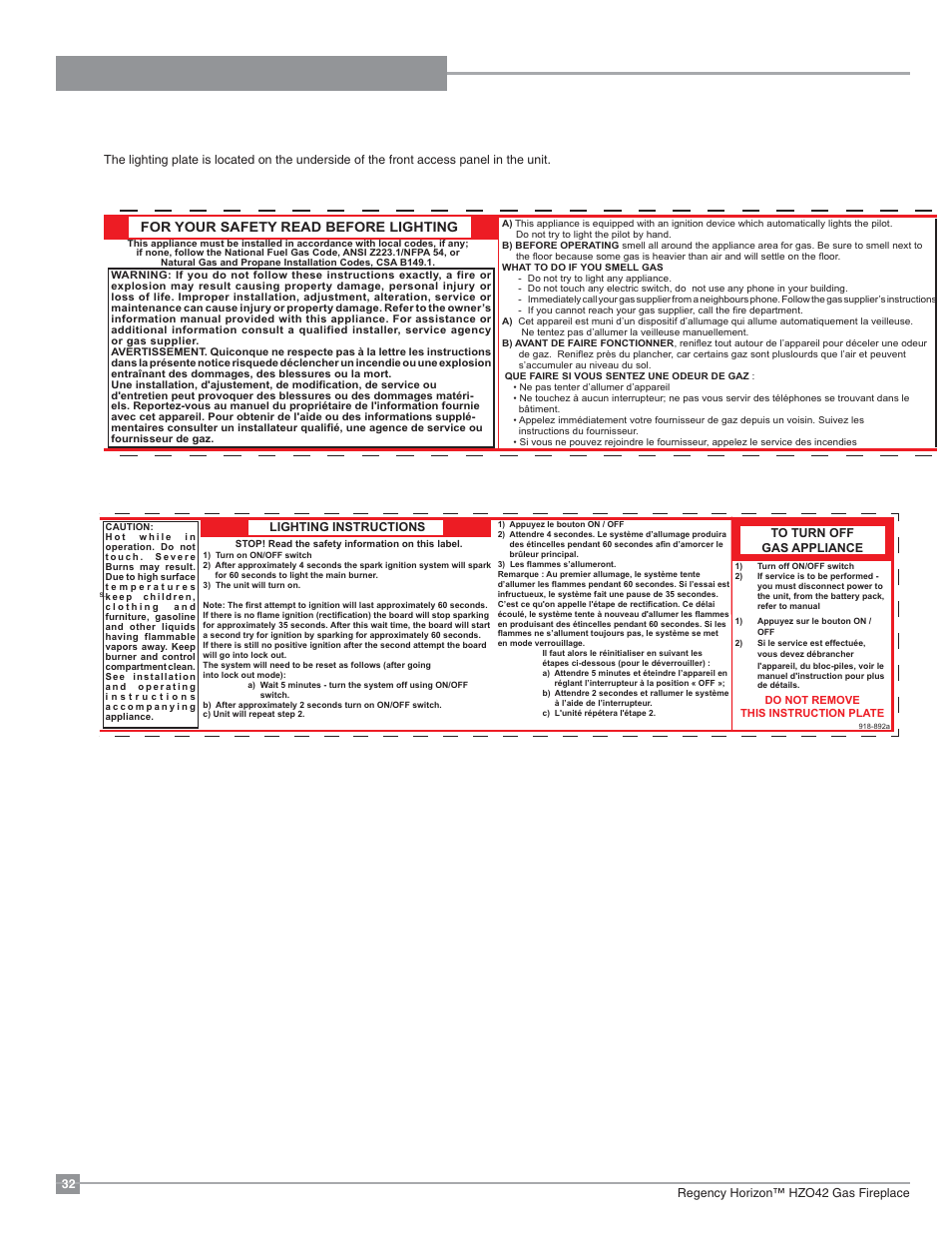 Operating instructions, Copy of lighting plate instructions, For your safety read before lighting | Regency Horizon HZO42 Outdoor Gas Fireplace User Manual | Page 32 / 44