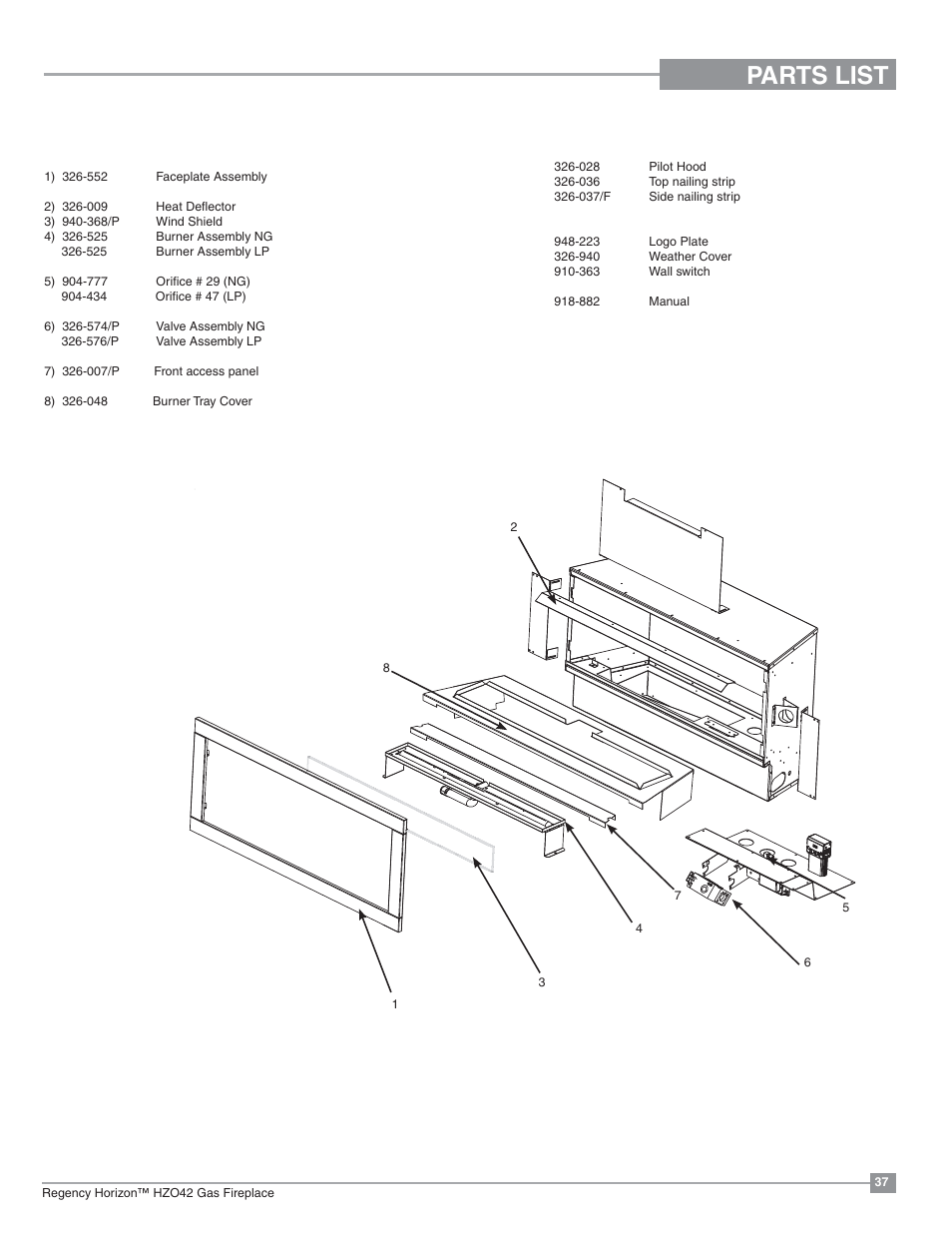 Parts list, Main assembly | Regency Horizon HZO42 Outdoor Gas Fireplace User Manual | Page 37 / 44