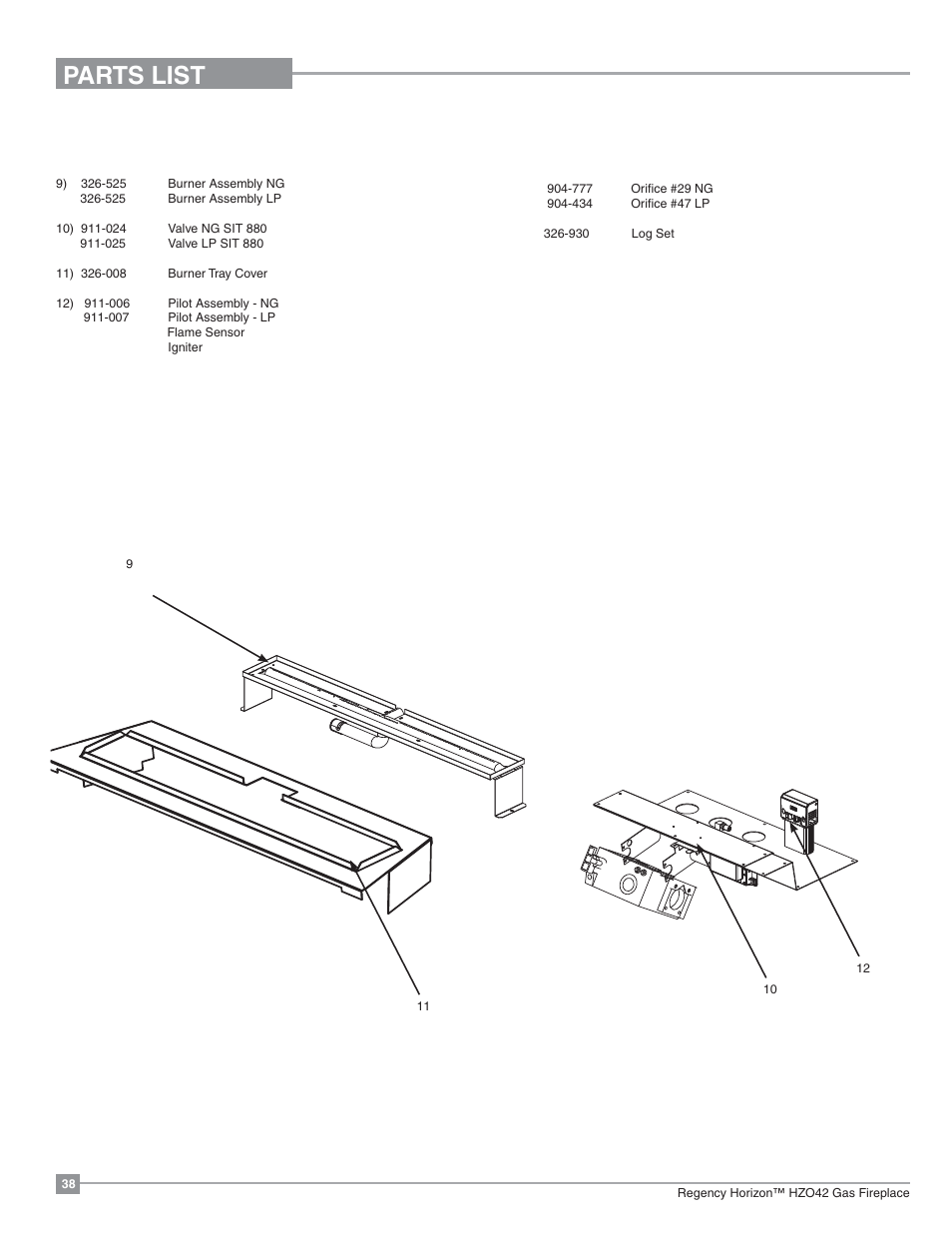 Parts list, Burner assembly | Regency Horizon HZO42 Outdoor Gas Fireplace User Manual | Page 38 / 44