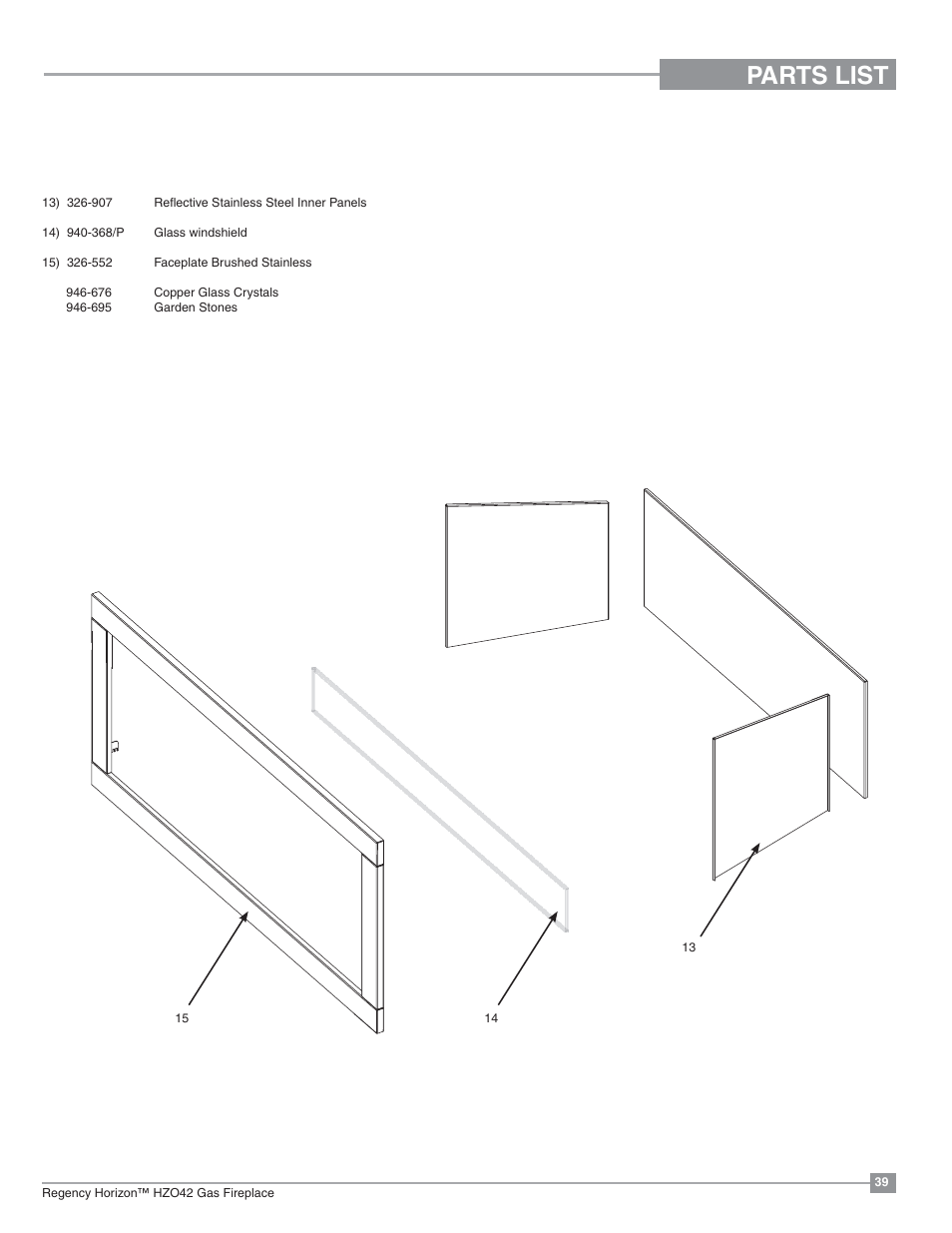 Parts list, Accessories | Regency Horizon HZO42 Outdoor Gas Fireplace User Manual | Page 39 / 44