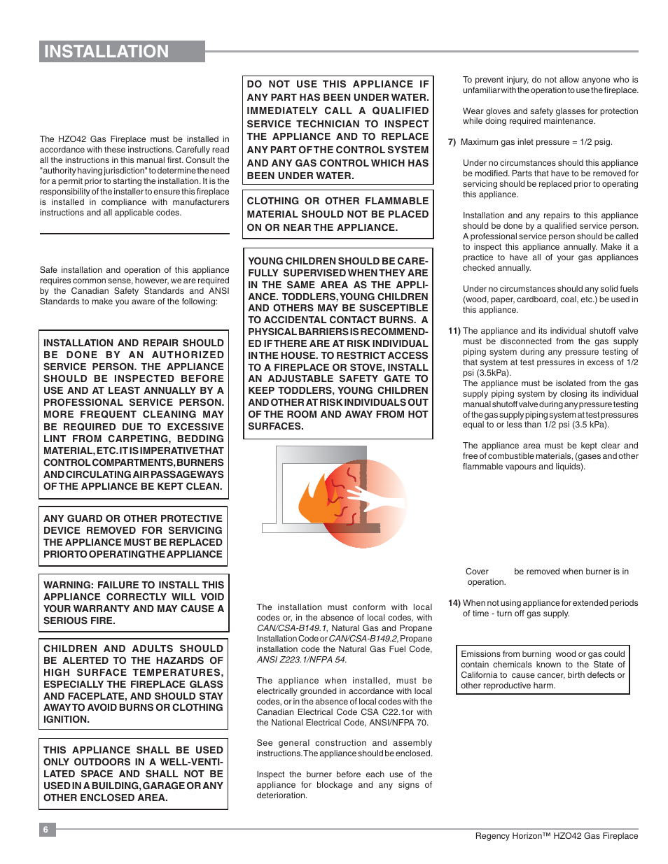 Installation, Important message save these instructions, Before you start | General safety information | Regency Horizon HZO42 Outdoor Gas Fireplace User Manual | Page 6 / 44