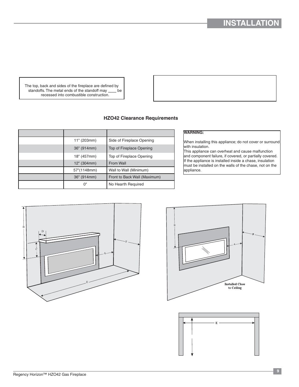 Installation, Minimum clearances to combustibles | Regency Horizon HZO42 Outdoor Gas Fireplace User Manual | Page 9 / 44