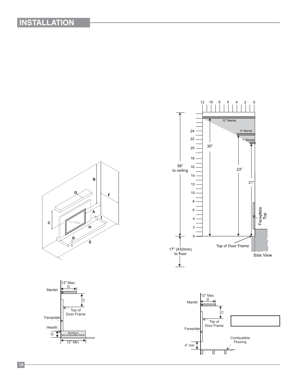 Installation, Minimum clearances to combustibles, Combustible mantel clearances | Regency Liberty L234 Small Gas Insert User Manual | Page 10 / 44