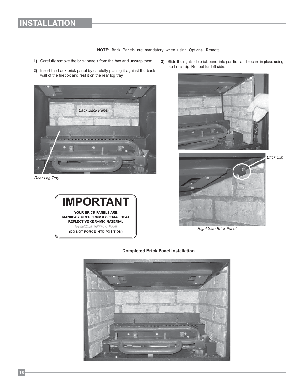 Installation, Optional brick panel installation | Regency Liberty L234 Small Gas Insert User Manual | Page 18 / 44