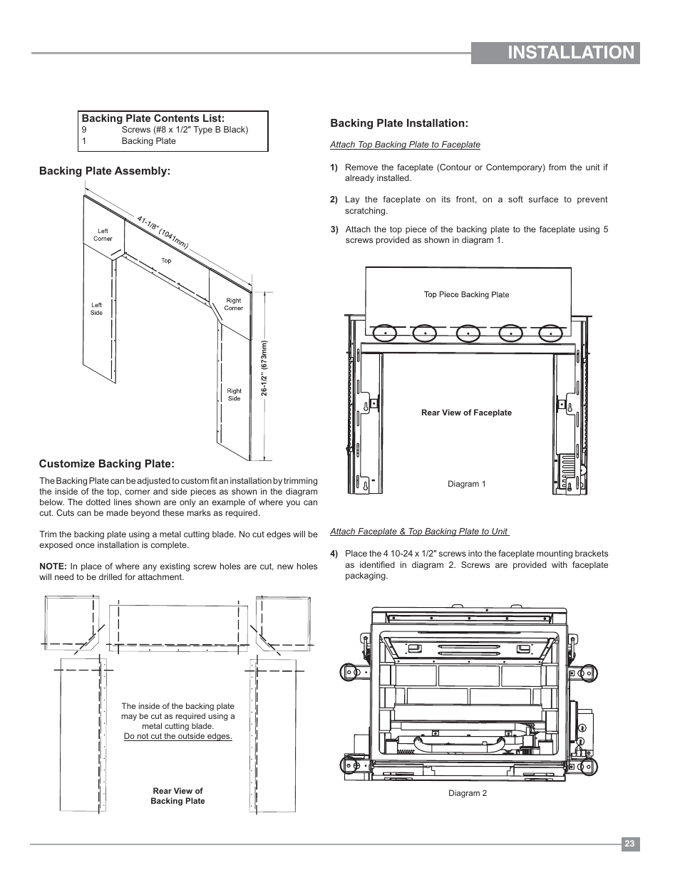 Installation, Optional backing plate | Regency Liberty L234 Small Gas Insert User Manual | Page 23 / 44