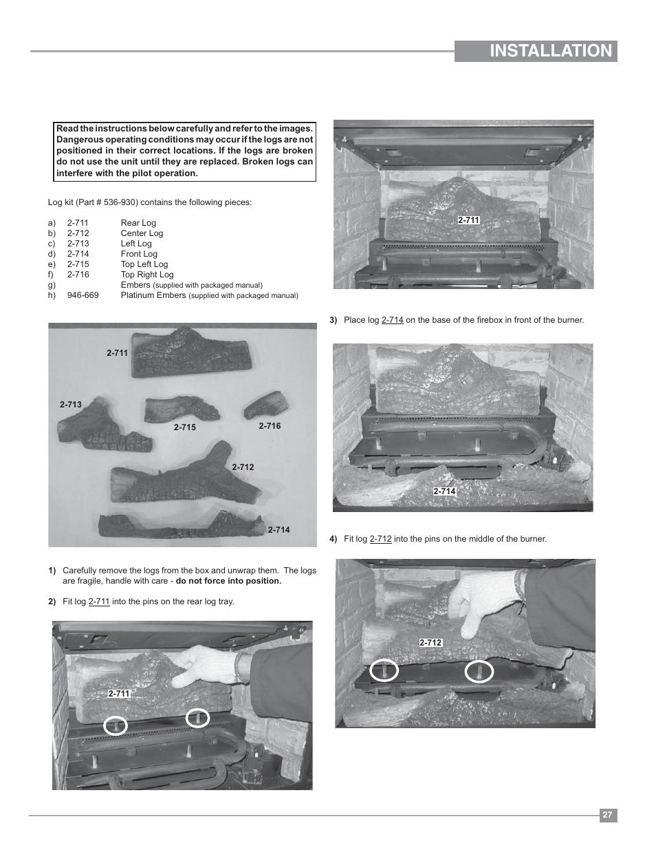 Installation, Log set installation | Regency Liberty L234 Small Gas Insert User Manual | Page 27 / 44