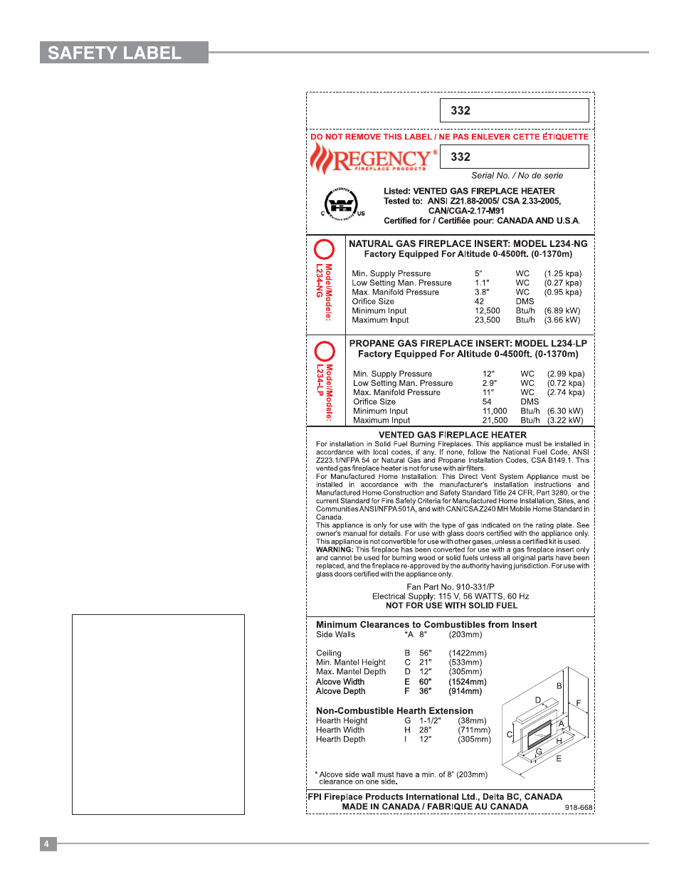 Safety label | Regency Liberty L234 Small Gas Insert User Manual | Page 4 / 44