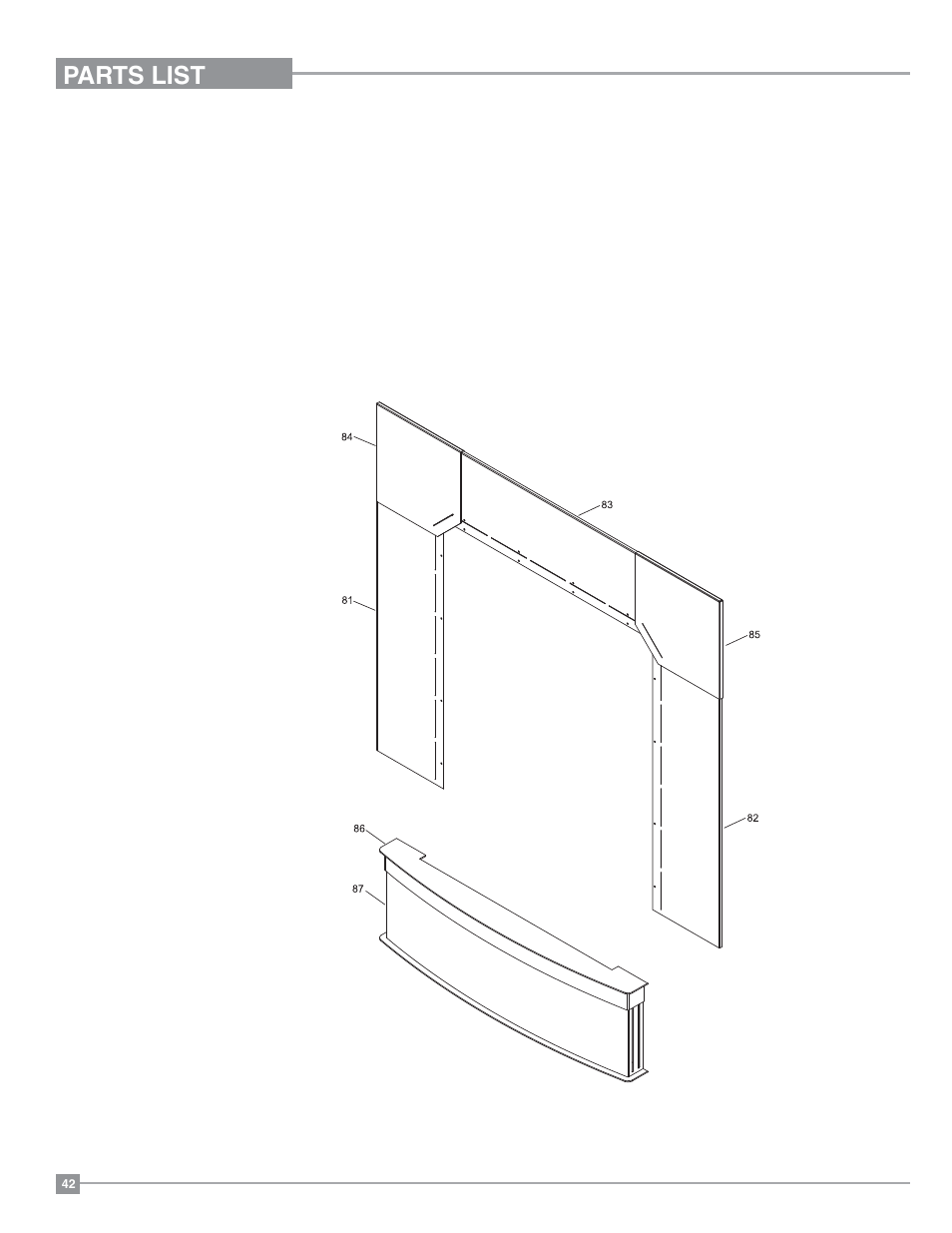 Parts list, Backing plate & hearth trim assembly | Regency Liberty L234 Small Gas Insert User Manual | Page 42 / 44