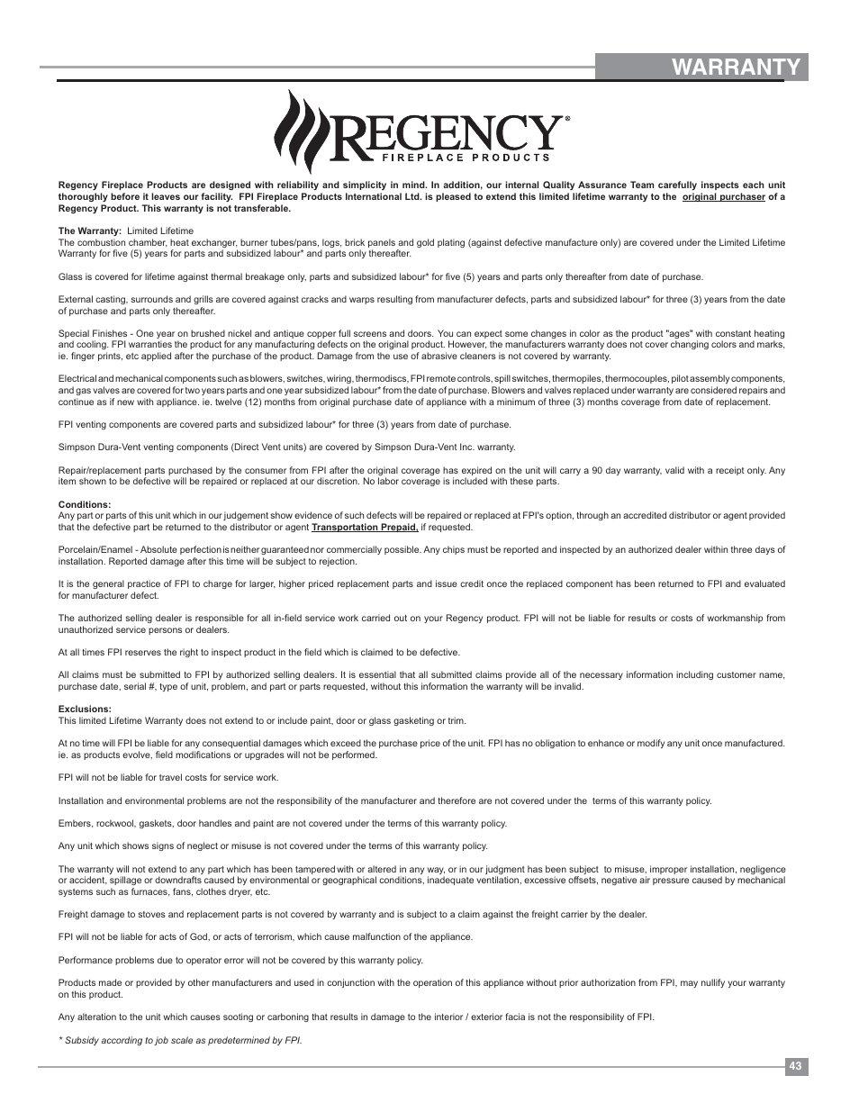 Warranty | Regency Liberty L234 Small Gas Insert User Manual | Page 43 / 44