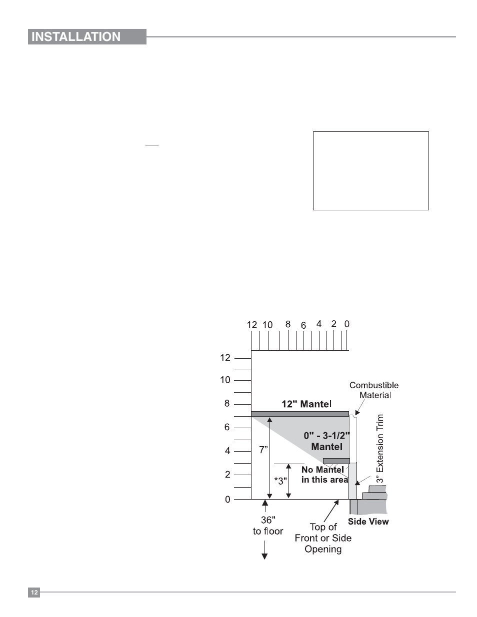 Installation, Combustible mantels clearances, Mantel clearances | Regency Panorama P131 Three Sided Gas Fireplace User Manual | Page 12 / 48
