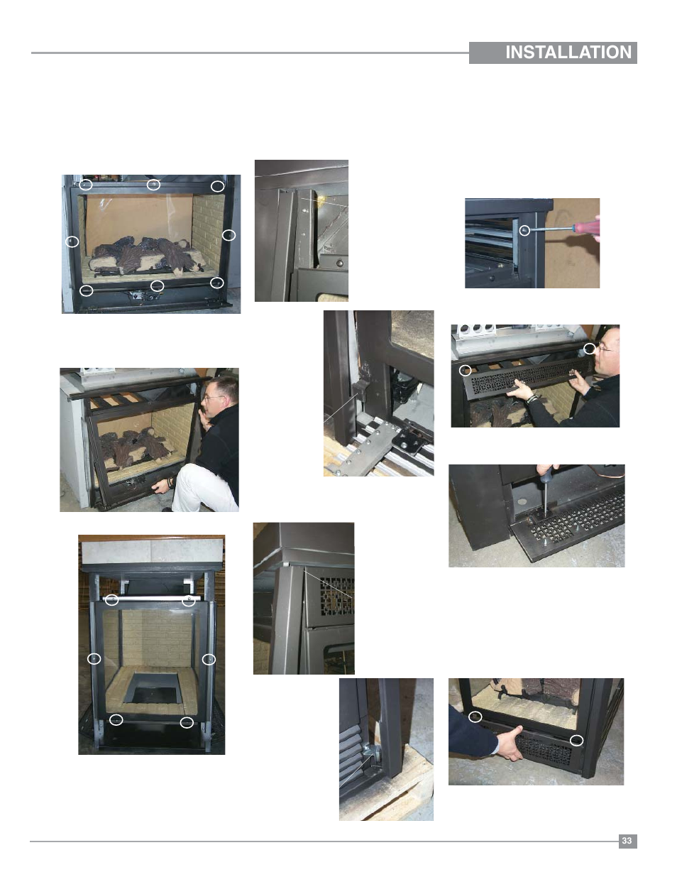 Installation, Glass door removal, Finishing trim | Louvers & grills | Regency Panorama P131 Three Sided Gas Fireplace User Manual | Page 33 / 48