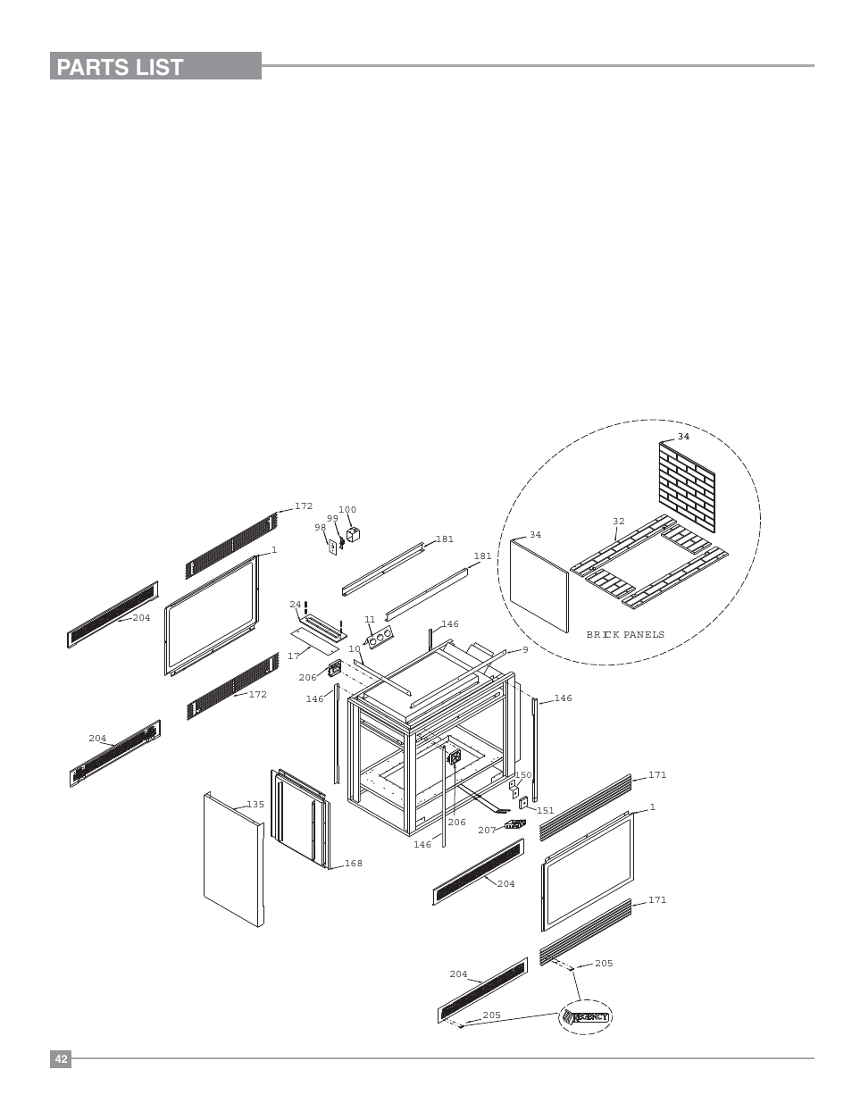 Parts list, P121-2 (see thru) main assembly | Regency Panorama P131 Three Sided Gas Fireplace User Manual | Page 42 / 48