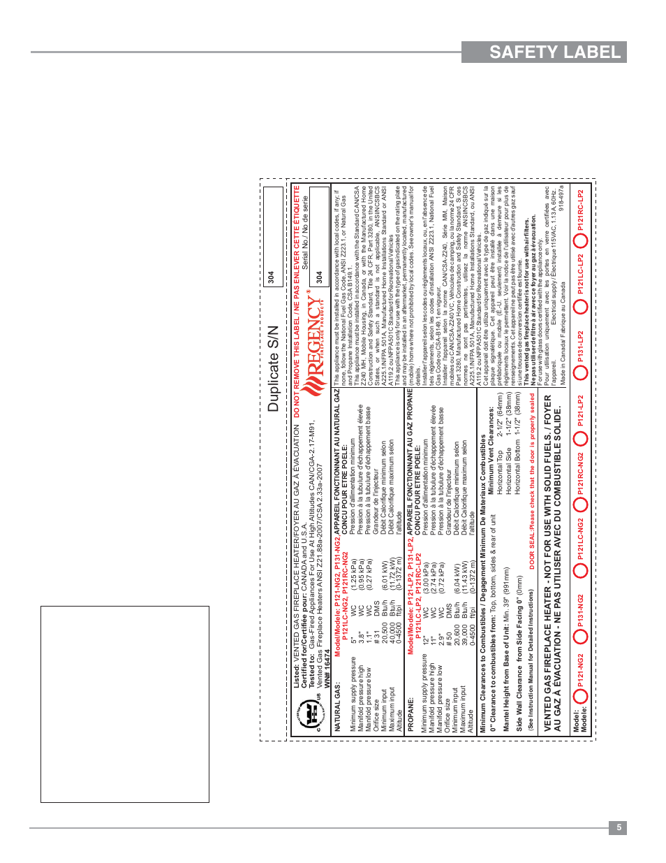 Safety label, Duplicate s/n | Regency Panorama P131 Three Sided Gas Fireplace User Manual | Page 5 / 48