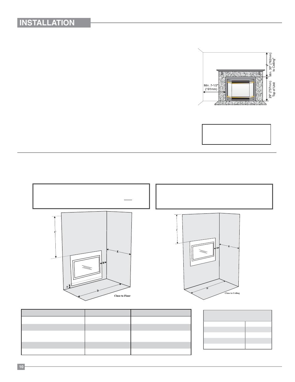 Installation, Clearances with contemporary faceplate, Clearances for bay or flush front | Regency Panorama P33 Small Gas Fireplace User Manual | Page 10 / 64