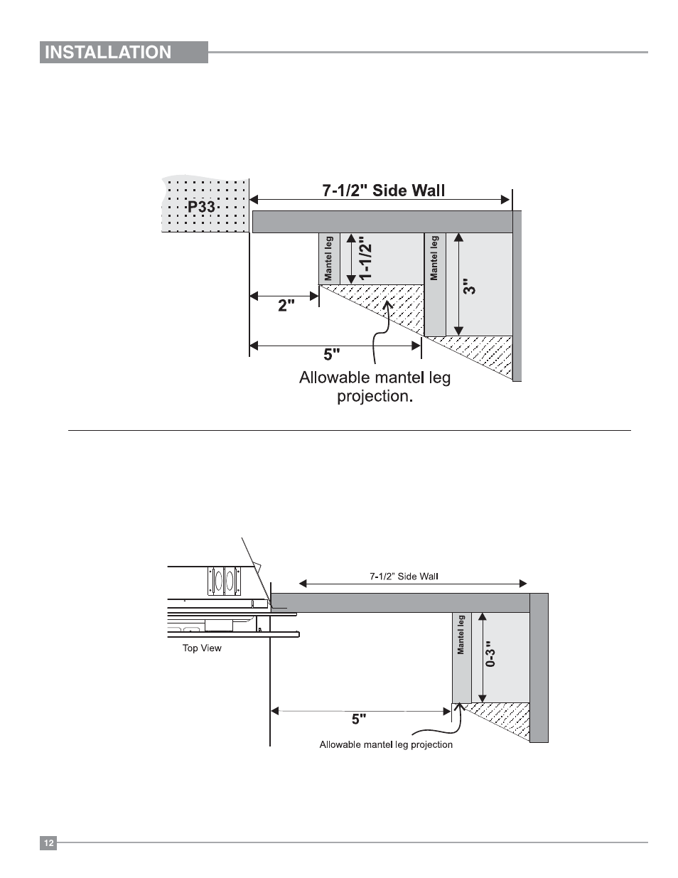 Installation, Mantel leg clearances with contemporary faceplate, Mantel leg clearances with flush or bay glass | Regency Panorama P33 Small Gas Fireplace User Manual | Page 12 / 64