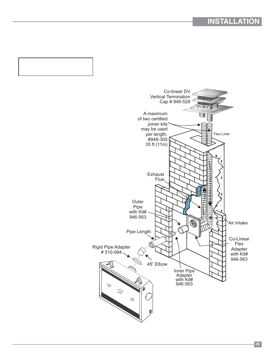 Installation, Vertical termination with co-linear flex system | Regency Panorama P33 Small Gas Fireplace User Manual | Page 29 / 64