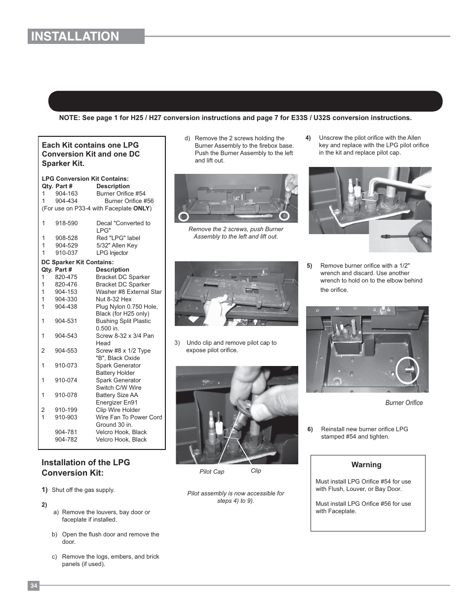 Installation, Installation of the lpg conversion kit | Regency Panorama P33 Small Gas Fireplace User Manual | Page 34 / 64