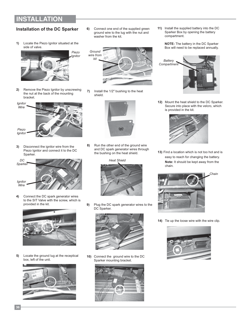Installation, Installation of the dc sparker | Regency Panorama P33 Small Gas Fireplace User Manual | Page 36 / 64