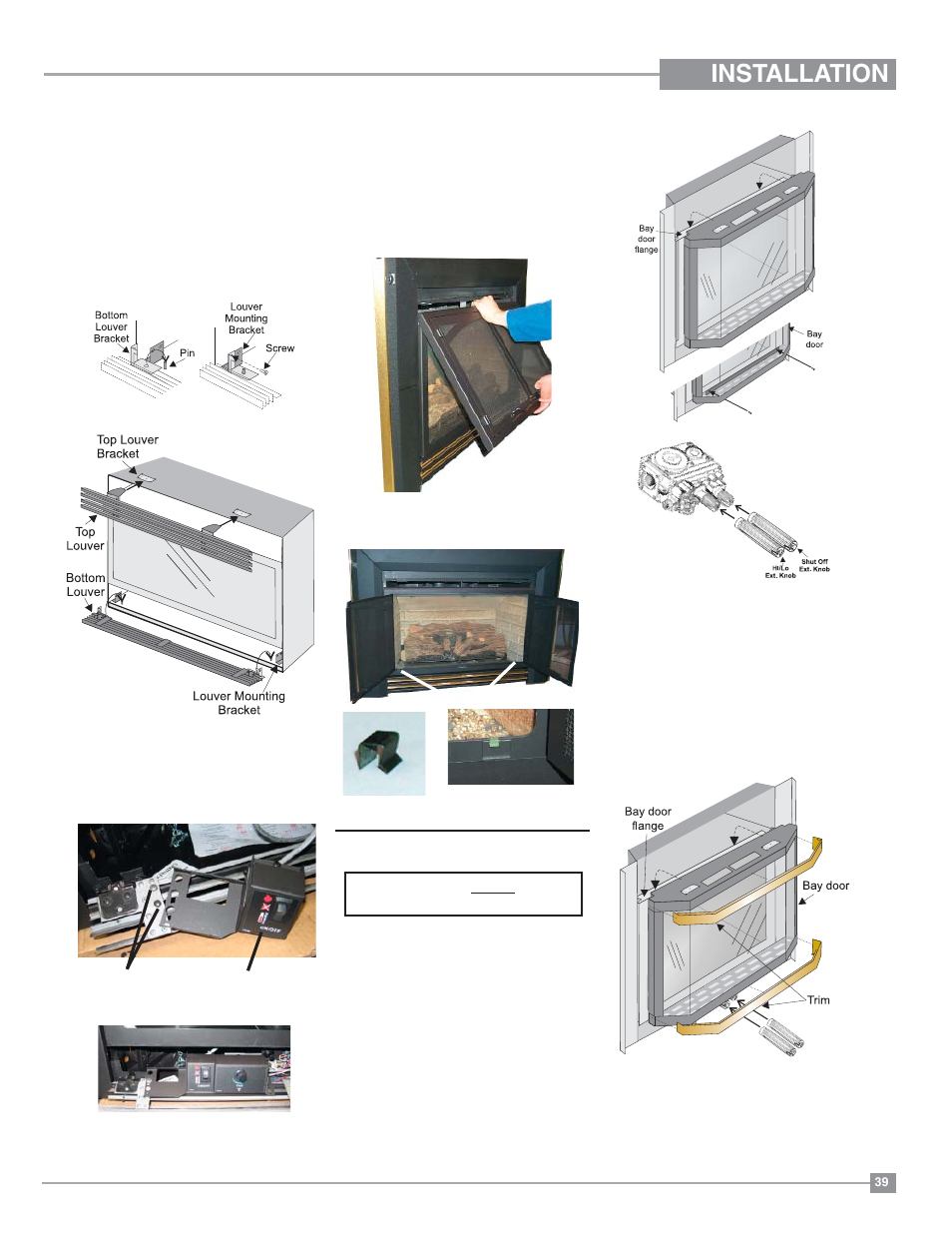 Installation, Optional bay door, Flush louvers | Optional bay trim, Double screen door | Regency Panorama P33 Small Gas Fireplace User Manual | Page 39 / 64