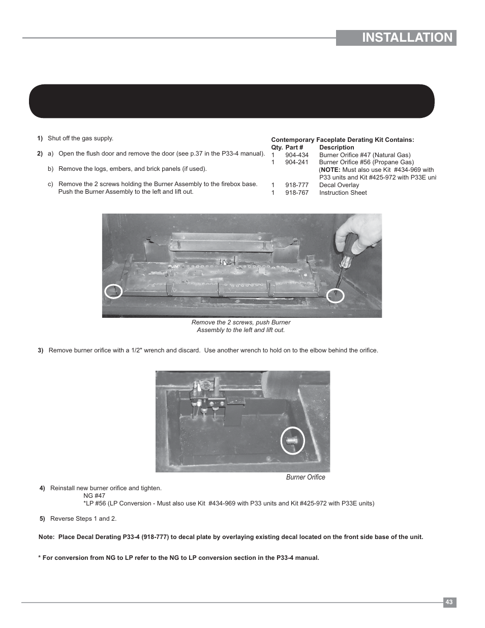 Installation, Contemporary faceplate installation part 1, Derating to lower btu rating) | Regency Panorama P33 Small Gas Fireplace User Manual | Page 43 / 64