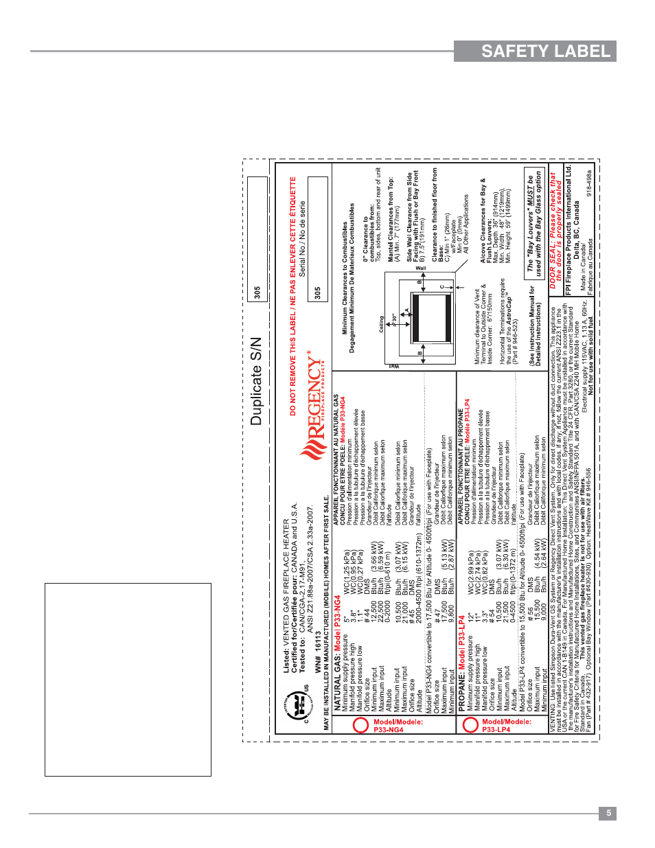 Safety label | Regency Panorama P33 Small Gas Fireplace User Manual | Page 5 / 64