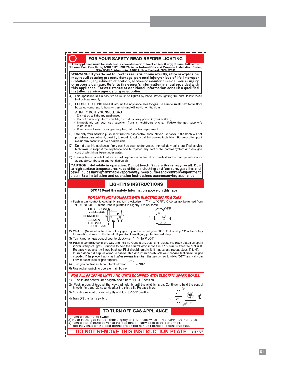 Operating instructions, Copy of the lighting plate instructions | Regency Panorama P33 Small Gas Fireplace User Manual | Page 51 / 64