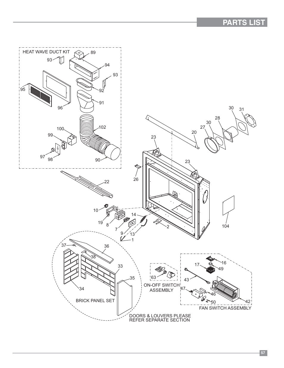 Parts list | Regency Panorama P33 Small Gas Fireplace User Manual | Page 57 / 64