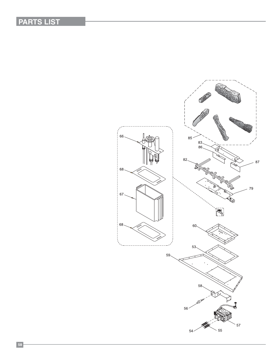 Parts list, Burner & log assembly | Regency Panorama P33 Small Gas Fireplace User Manual | Page 58 / 64