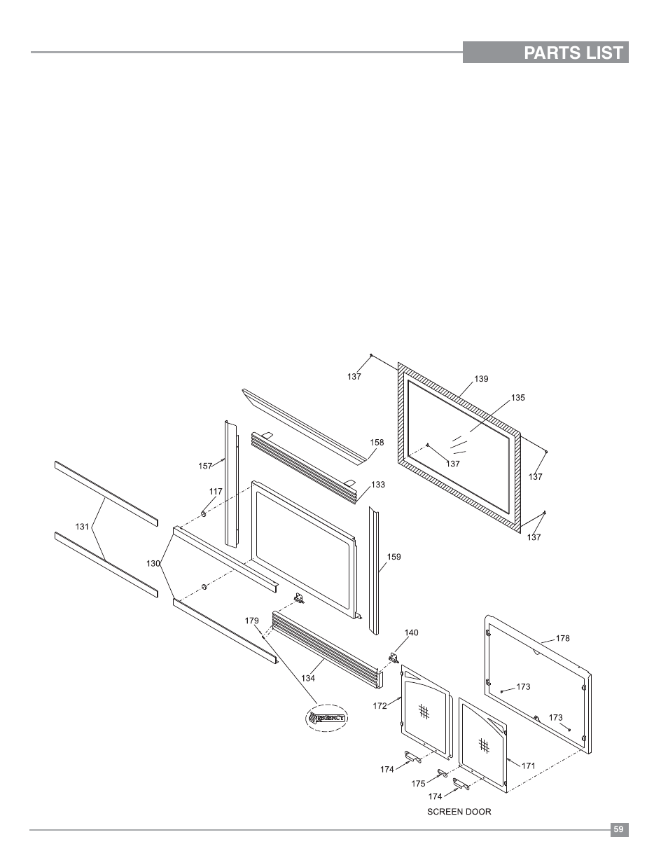 Parts list, Flush front & louvers | Regency Panorama P33 Small Gas Fireplace User Manual | Page 59 / 64