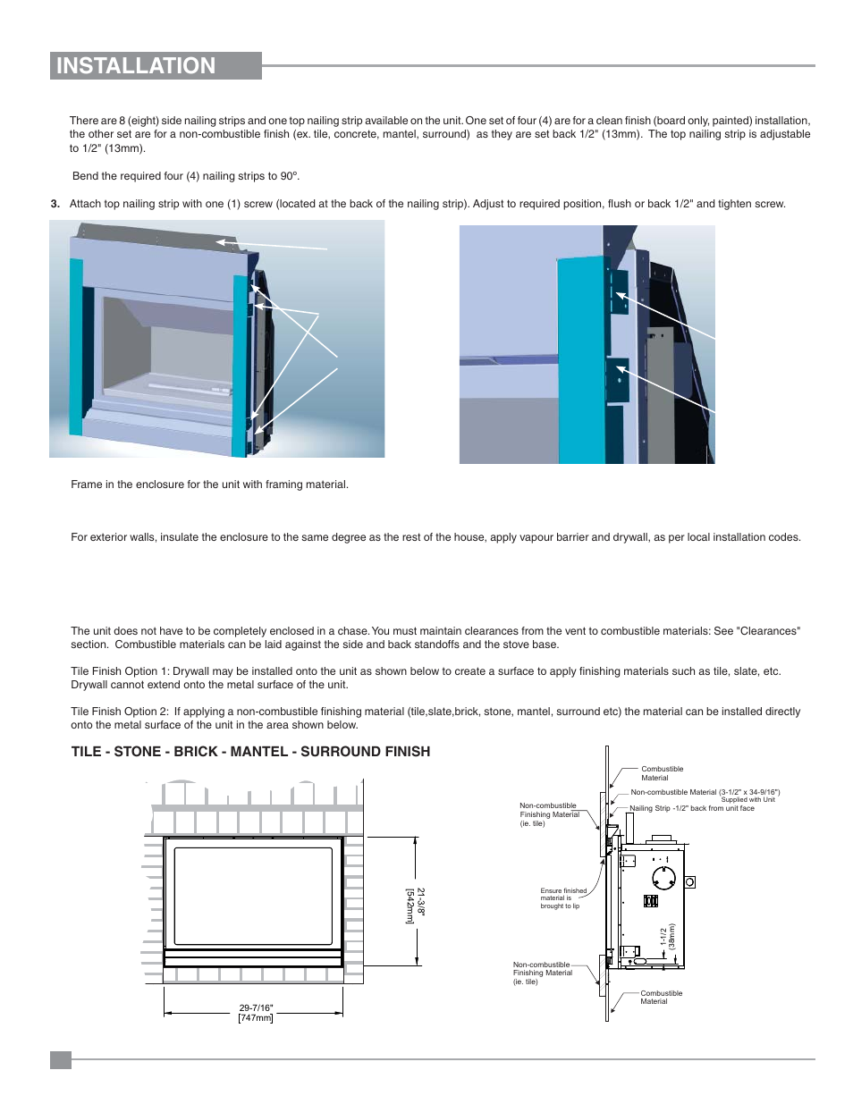 Installation, Framing & finishing, Tile - stone - brick - mantel - surround finish | Regency Panorama P33CE Small Gas Fireplace User Manual | Page 14 / 56