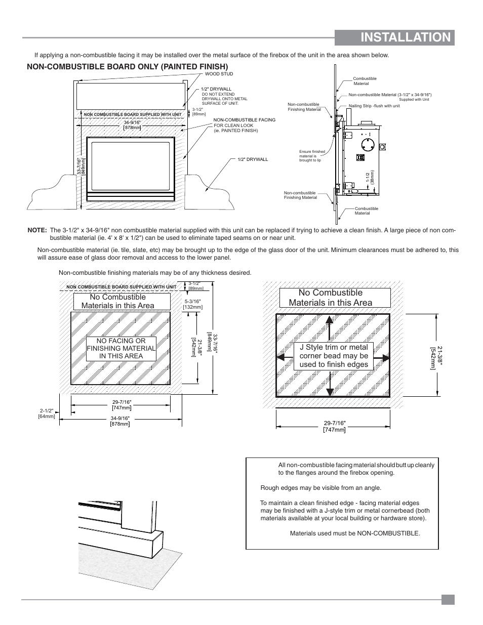 Installation, No combustible materials in this area, Non-combustible board only (painted finish) | Regency Panorama P33CE Small Gas Fireplace User Manual | Page 15 / 56