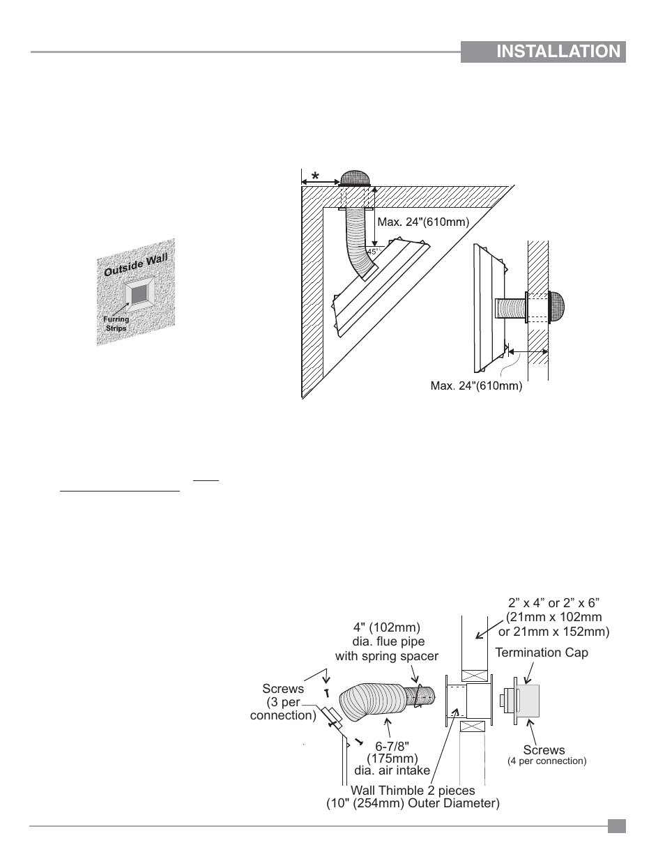 Installation, Installation procedures, Screws (3 per connection) | Regency Panorama P33CE Small Gas Fireplace User Manual | Page 19 / 56